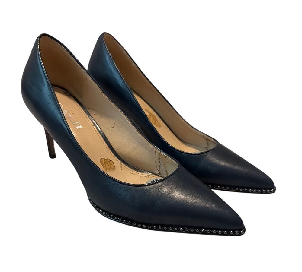 Coach Waverly Leather Beadchain Pointed-Toe Pumps Navy Blue Size 9B